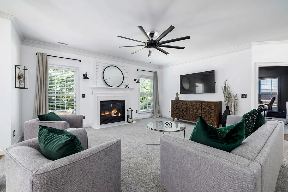 Family room with carpet