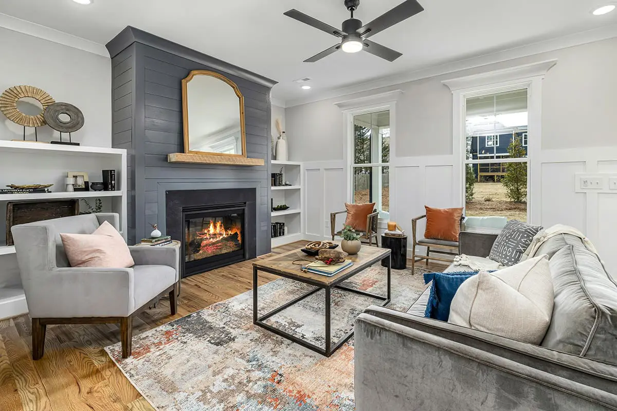 Living room with hardwood floor and area rug